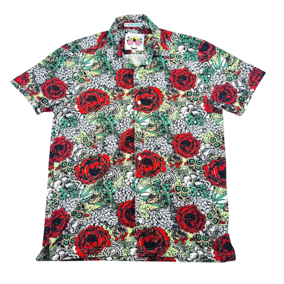 Good Vibes Men’s Hawaiian Aloha Button-Up Shirt Floral Red Green Black Size L - Picture 1 of 6
